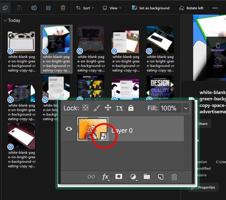 Photoshop open over a folder of PSD files: double-click the smart object to place one design at a time