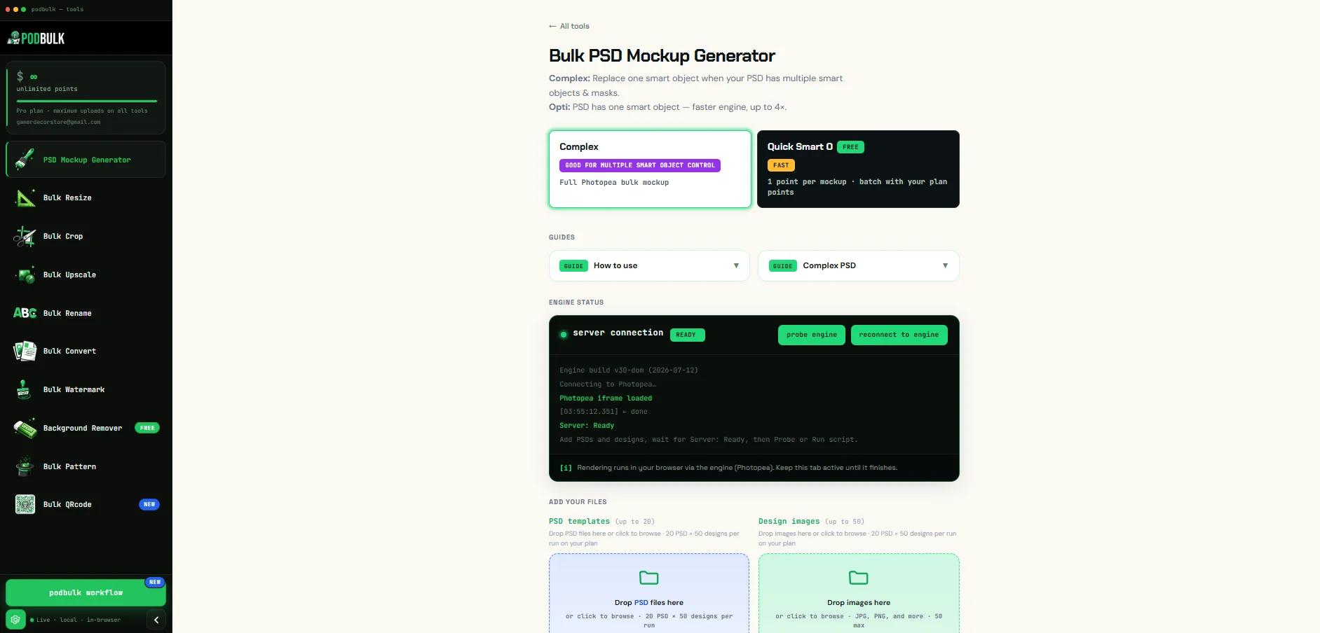 The PodBulk Bulk PSD Mockup Generator running in the browser